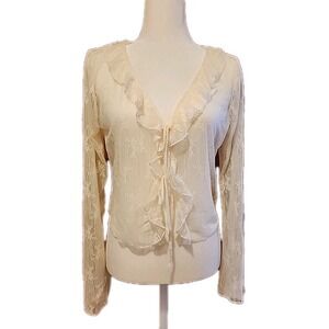 Sheer Lace Tie Front Top XL Cream Ruffle Collar Bell Sleeve Coquette Renaissance
